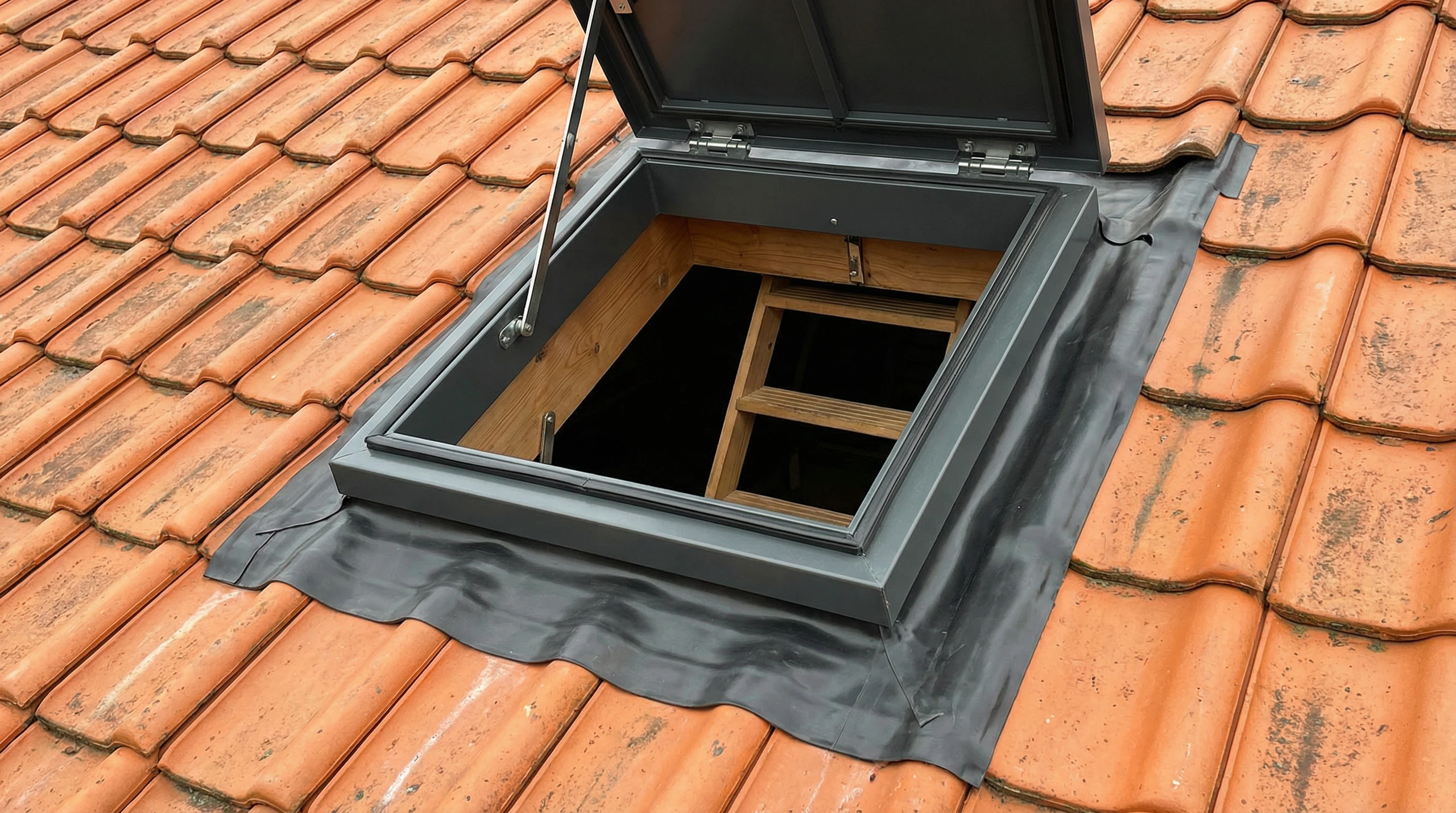 Wyłaz dachowy z metalową obróbką na dachu z dachówki ceramicznej