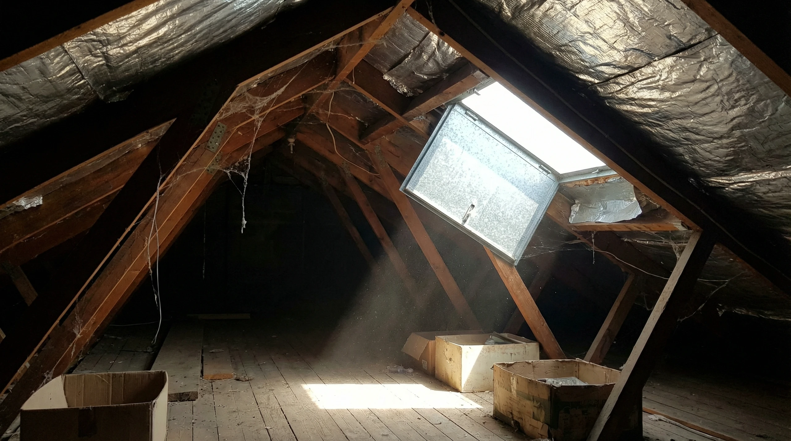 We wnętrzu strychu widoczna konstrukcja więźby dachowej z deskowaniem i otwartym wyłazem dachowym