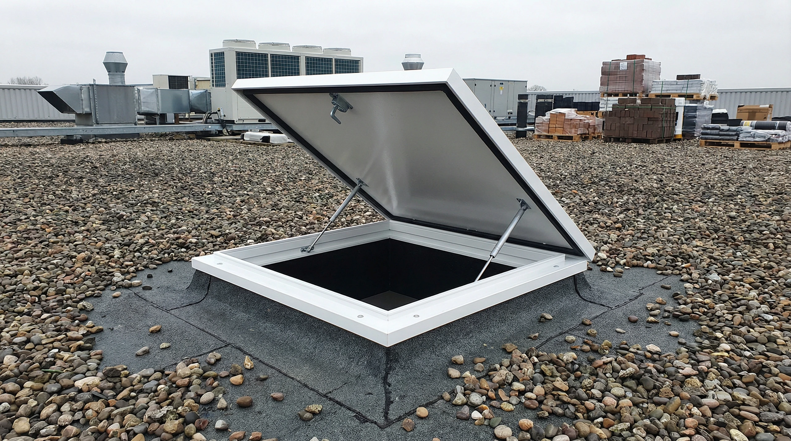 Wyłaz dachowy zamontowany na płaskim dachu pokrytym żwirem, z białą ramą i siłownikami gazowymi