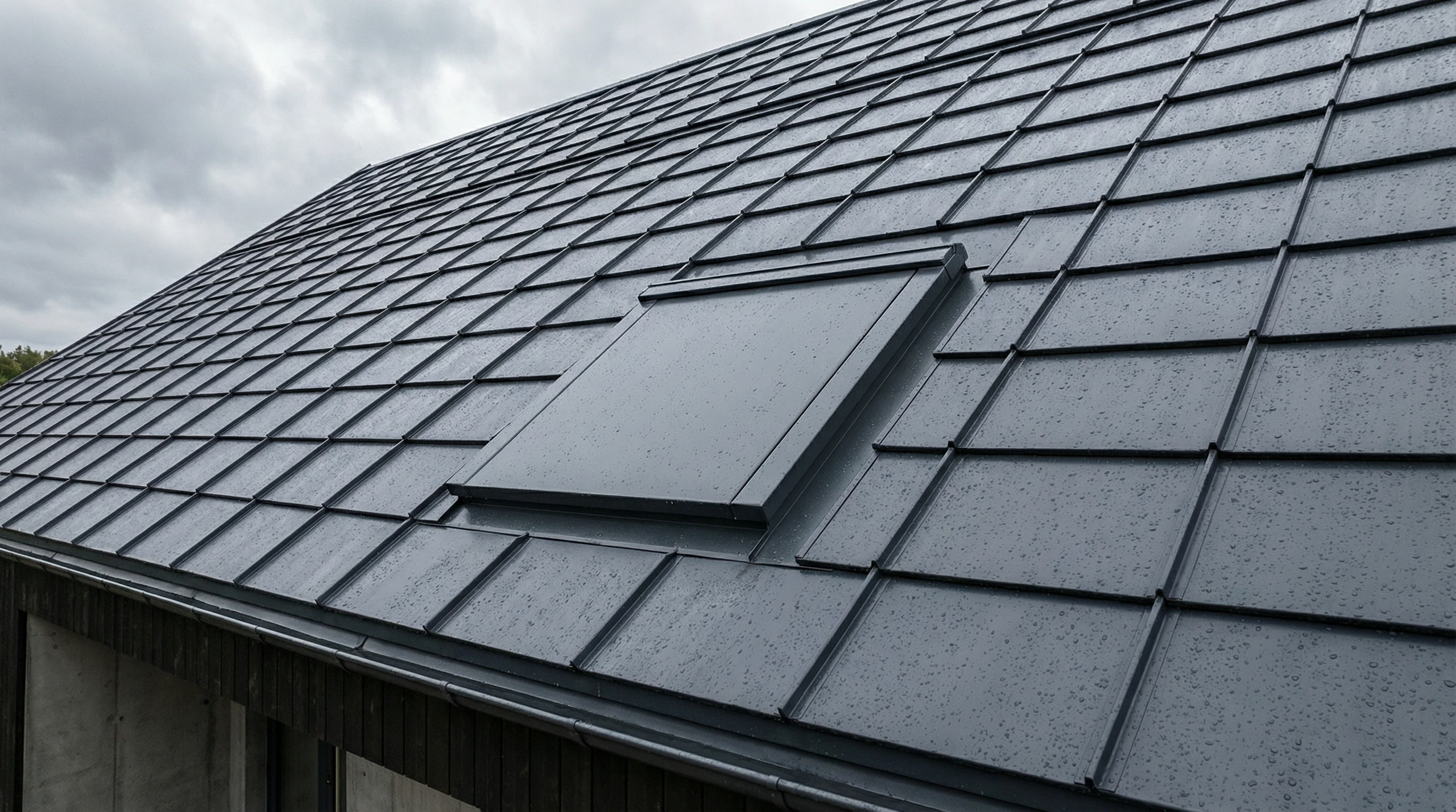Ciemnoszary dach modułowy z zamkniętym wyłazem dachowym i widocznymi kroplami deszczu